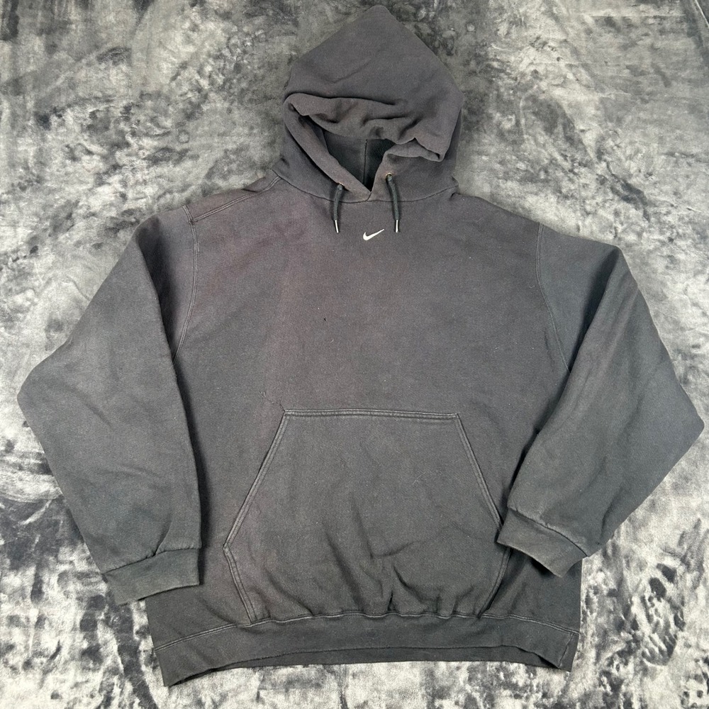 Vintage Nike Hoodie Mens Center Swoosh Black XL Fleece Pullover White Tag